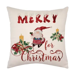 Funda de cojín de lino navideño con diseño festivo de Papá Noel y detalles de letras.