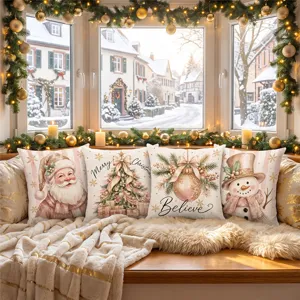 Pink Christmas throw pillow covers set festive winter holiday sofa decorative cushion cases