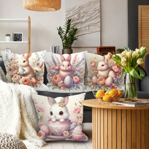 Housse de Coussin Décorative Motif Lapin de Pâques Floral en Peau de Pêche Velours pour Canapé et Bureau