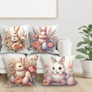 Housse de Coussin Lapin de Pâques Fleurs Mignon Dessin Animé Décoratif Taie 4pcs