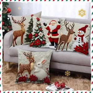 Christmas Decorative Pillow Cover Elk Santa Snowman Short Plush Cushion Case Festive Holiday Sofa Home Decor