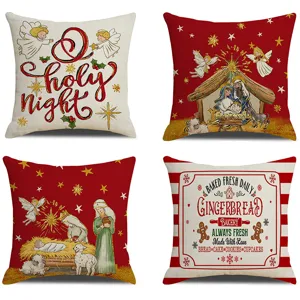 Christmas linen throw pillow covers set, festive nativity and gingerbread design for home decor.