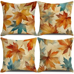 Set aus 4 dekorativen Kissenbezügen mit Aquarell-Herbst-Ahornblatt-Mustern, quadratisch.