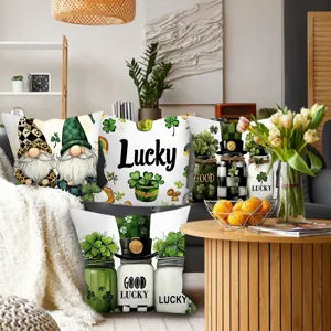 St. Patrick's Day decorative peach skin pillowcase with cute gnomes and clover prints.