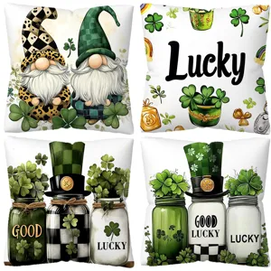 St. Patrick's Day throw pillow cover, cute gnome and shamrock printed decorative cushion case.