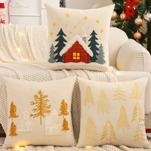 Christmas Embroidered Canvas Pillow Cover Christmas Tree Snow Scene Decorative Cushion Cover For Holiday Home Sofa Decor