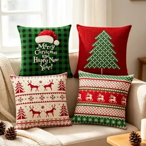 Christmas Pillow Cover Linen Printed Santa Elk Tree Cushion Cover Holiday Sofa Home Decorative Pillowcase Without Insert