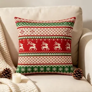 Christmas knitted pillow cover with reindeer and snowflake pattern for festive home sofa decor.