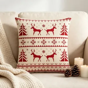 Christmas decorative pillow cover with festive reindeer and tree print for holiday home sofa decor.