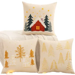 Christmas decorative throw pillow covers with tree embroidery on beige canvas fabric for home decor.