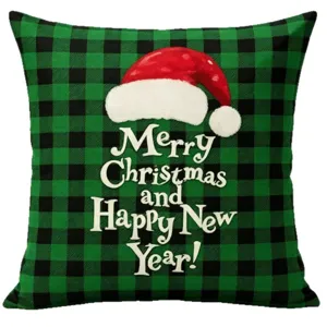 Christmas throw pillow case with buffalo plaid and holiday greeting print for sofa decor.