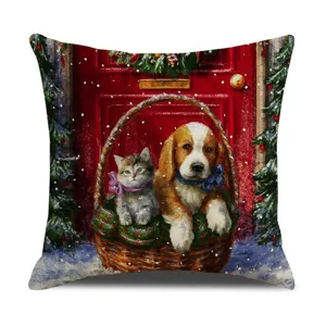 Weihnachtliche Deko Kissenhülle mit süßem Welpen und Katzen Print für das Wohnzimmer.