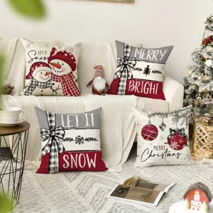 Christmas throw pillow covers set, rustic linen cushion cases with snowman and tree prints.