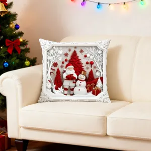 Fodera per cuscino decorativo natalizio con stampa Babbo Natale e pupazzo di neve morbido.
