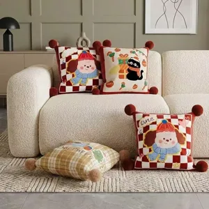 New Year red checkered decorative throw pillow set cute puppy pattern sofa cushion home decor