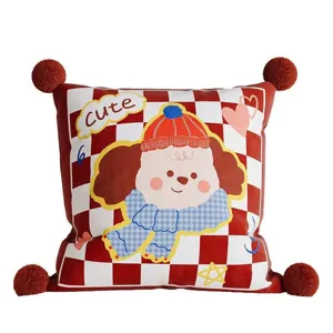 Red plaid throw pillow with cute puppy cartoon and corner pom-poms, soft bed cushion