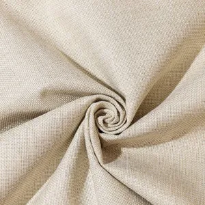 Beige linen pillow cover detail shot, natural woven fabric texture close up view.