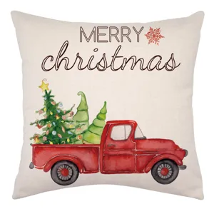 Funda de cojín navideña de lino con camioneta roja y árbol en acuarela, decoración hogareña.