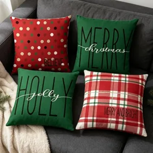 Christmas decorative pillow covers set, featuring plaid, polka dots, and festive holiday letters.