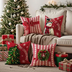 Christmas Red Pillow Cover Snowman Bow Garland Decorative Cushion Cover Linen Square Throw Pillow Case for Home Party