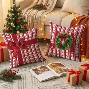 Christmas decorative throw pillow covers red bow and wreath festive holiday home decor 2pcs
