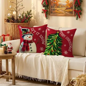 Christmas red throw pillow cover with snowman and tree prints, festive holiday home decor.