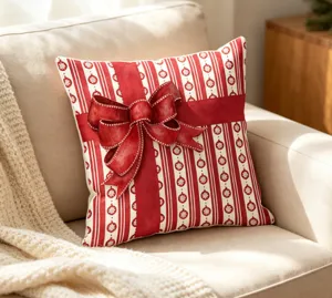 Christmas red striped throw pillow cover with 3D bowknot festive holiday home decoration