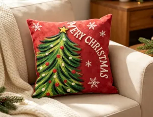 Christmas decorative throw pillow cover red embroidered tree cushion detail view cozy interior