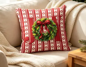 Christmas red striped cushion cover with wreath and JOY letter for holiday home decor.