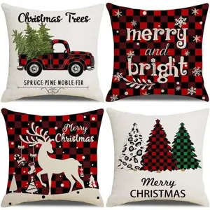 Christmas throw pillow covers linen set, red and black plaid holiday sofa decor cushion.