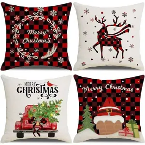 Christmas throw pillow covers set, buffalo plaid deer truck decorative pillowcase 4pcs