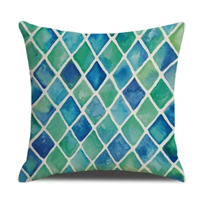 Fodera per cuscino geometrica moderna con stampa acquerello a rombi blu e verde.