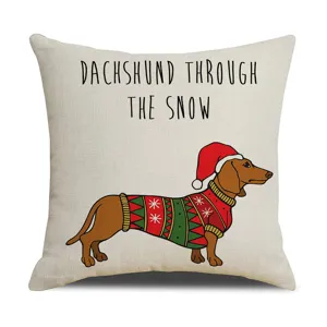 Christmas Dachshund Print Pillow Cover Cute Dog Holiday Cushion Cover Cotton Linen Festive Decor
