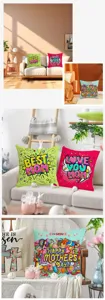 Mother's Day throw pillow cover, pop art style design, cozy living room sofa decor detail.