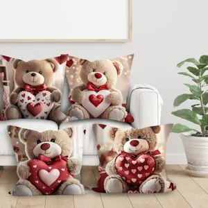Valentine Day Throw Pillow Cover Cute Teddy Bear Heart Print Peach Skin Velvet Sofa Cushion Cover Decorative Pillowcase