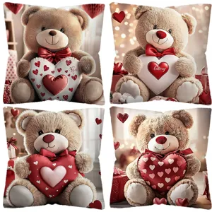 Valentine's Day teddy bear throw pillow cover set, cute heart cushion case for sofa home decor.