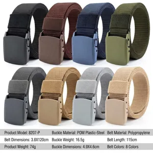 Detailed view of tactical nylon belt with plastic buckle, showing texture and multi-color options.