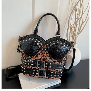 Y2K leopard print corset handbag unique punk style shoulder bag retro rivet messenger bag