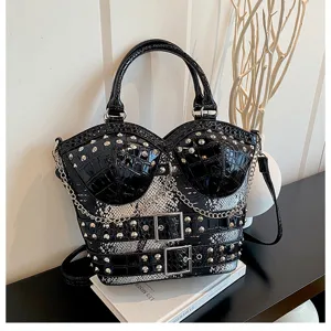 Y2K punk style women handbag with unique corset design, studs, snake print and chain strap.