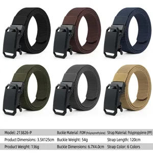 Detail view of canvas tactical belt with plastic buckle showing color variants and params.