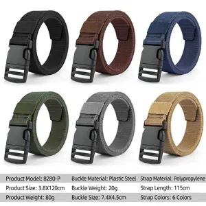 Durable outdoor tactical nylon belt with quick release plastic buckle for daily wear and sports.