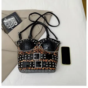 Y2K Leopard Print Corset Handbag Studded Rivet Chain Shoulder Bag Fashion Commuter Messenger Bag