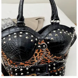 Y2K Retro Leopard Print Handbag Rivet Chain PU Leather Shoulder Bag Fashion Detail