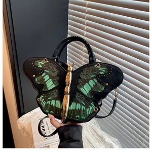 Chic butterfly shaped crossbody shoulder bag, stylish black green PU leather handbag metal accent.