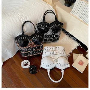 Y2K punk style corset handbag with studs and belts, unique shoulder bag for women.