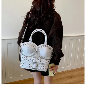 White Y2K Corset Shoulder Bag Rivet Chain PU Leather Crossbody Handbag for Women