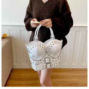 White Y2K punk style handbag featuring rivet and chain details, spacious women shoulder bag.