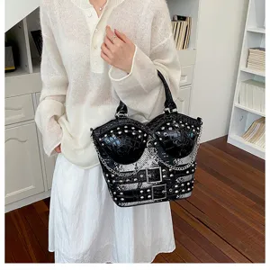 Y2K punk style black white snakeskin handbag with metal studs, chains and double buckles.