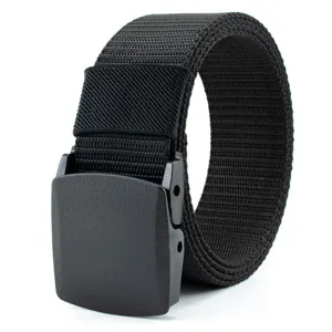Black tactical canvas belt rolled up for outdoor sports and casual daily wear with plastic buckle.