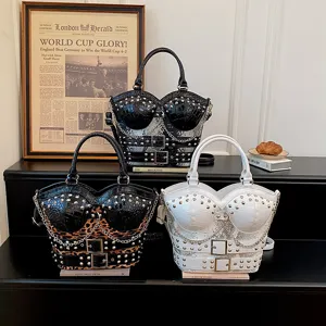 Y2K Fashion Bustier Crossbody Handbag Retro Snake Leopard Print Rivet Shoulder Bag